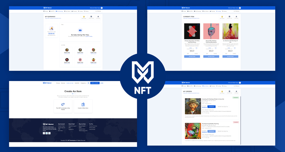 NFT marketplace three mobile screen pages